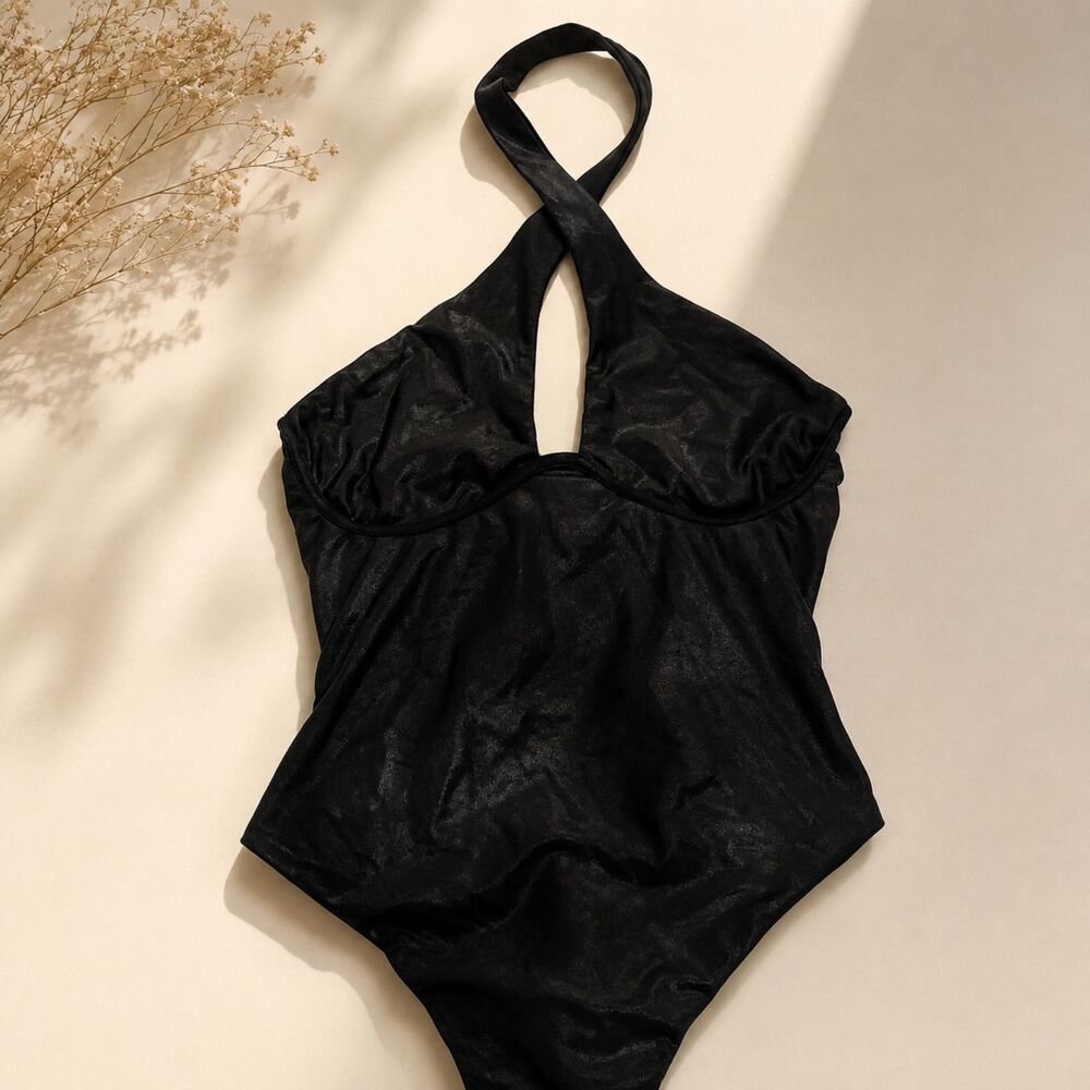Naked Wardrobe Black Halter Bodysuit Underwire Shiny Stretch Top Size S